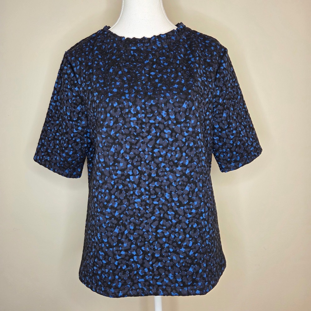 Ann Taylor Womens Blue Black Textured Jacquard Animal Print Short Sleeve Top M